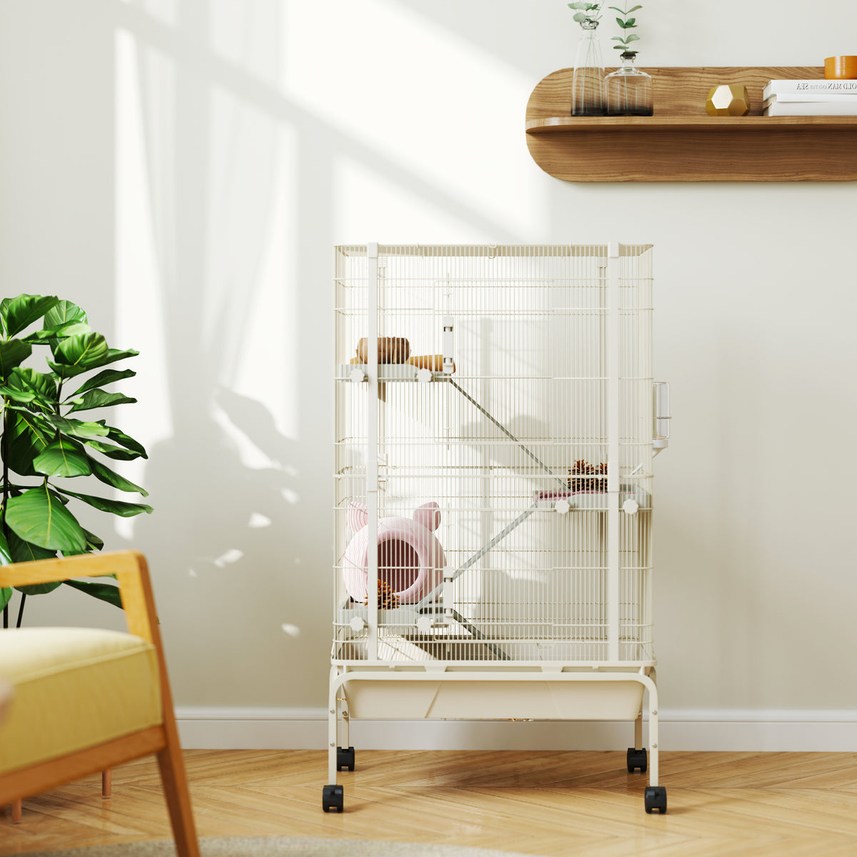 Cage pour lapin enclos à 4 niveaux avec 2 portes 3 rampes plateau profond roulettes 69 x 44 x 120 cm beige