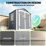 Abri de jardin cabanon en résine polypropylène 2,12 m² - 2 portes 1 fenêtre et 1 grille d'aération, toit à pignon, gris