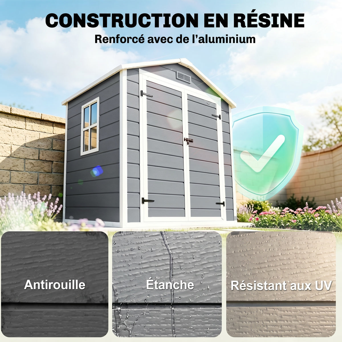 Abri de jardin cabanon en résine polypropylène 2,12 m² - 2 portes 1 fenêtre et 1 grille d'aération, toit à pignon, gris