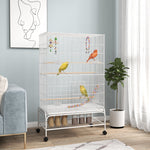 Cage à oiseaux sur pieds roulettes avec 4 mangeoires et 3 perchoirs 79 x 49 x 133 cm blanc