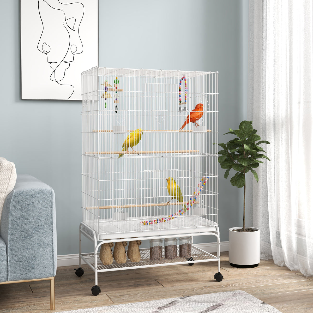 Cage à oiseaux sur pieds roulettes avec 4 mangeoires et 3 perchoirs 79 x 49 x 133 cm blanc