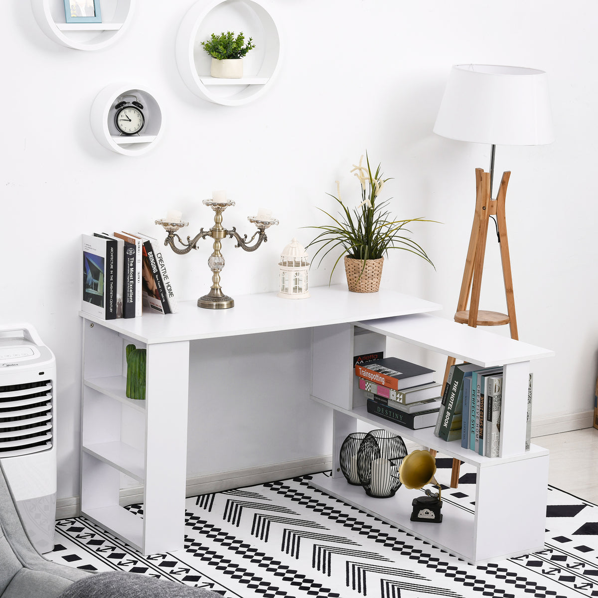 Scrivania angolare tavolo da pranzo con contenitore scrivania per computer modulare libreria integrata + scaffale a 3 livelli bianco
