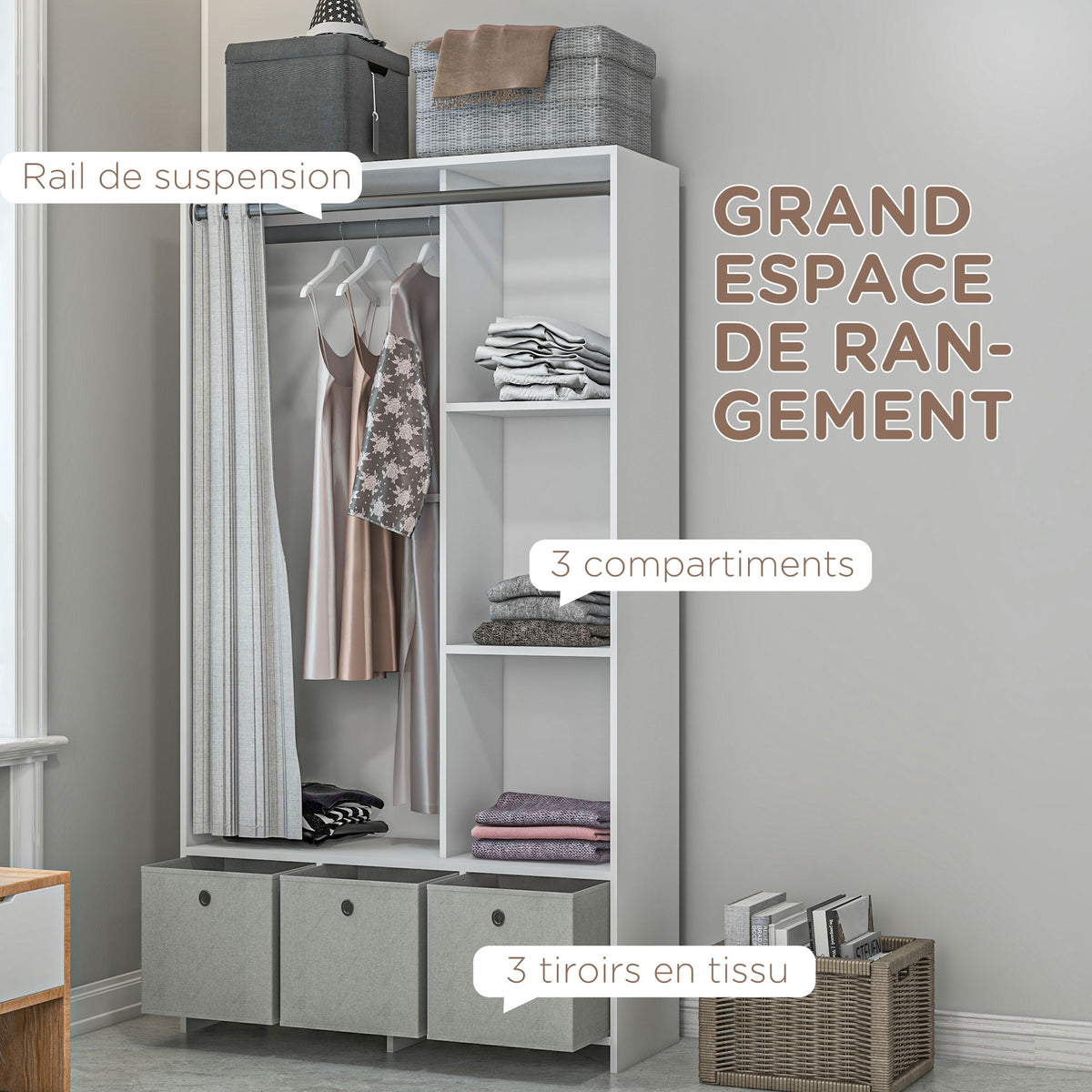 Armadio guardaroba armadio contenitore con asta appendiabiti, tende e 3 cassetti in tessuto rimovibili, 105 x 48 x 160 cm, bianco