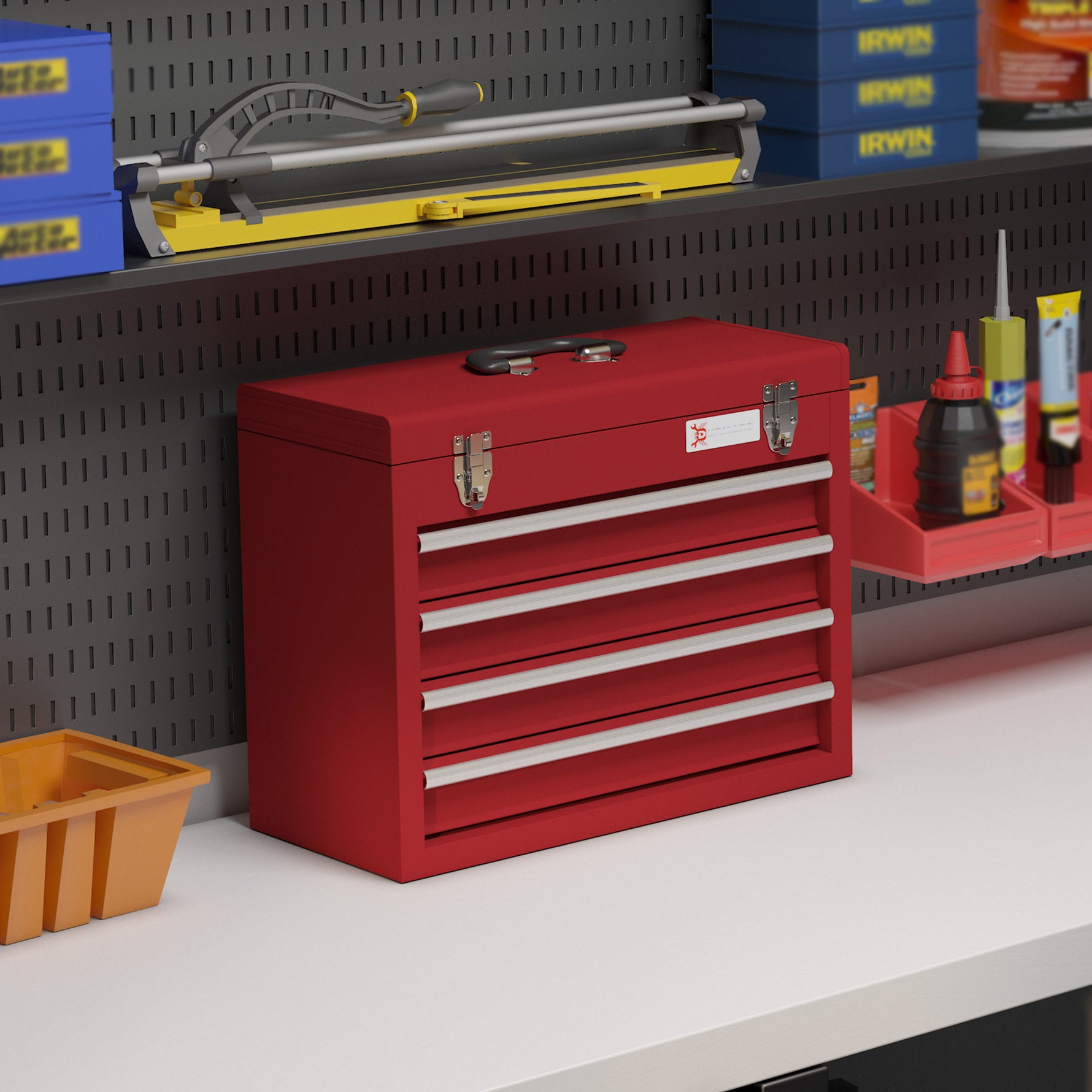 Boite à outils métallique coffret à outils caisse à outils 4 tiroirs + plateau tôle acier 51 x 22 x 39,5 cm rouge