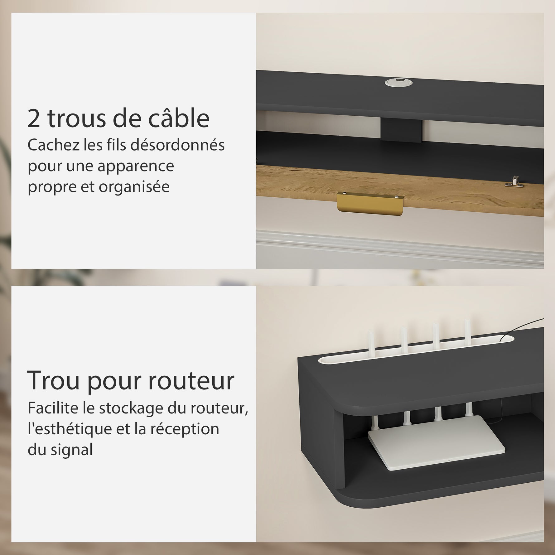 Meuble TV suspendu avec compartiments ouverts, porte rabattable et passe-câbles, 160 x 24 x 16 cm, gris