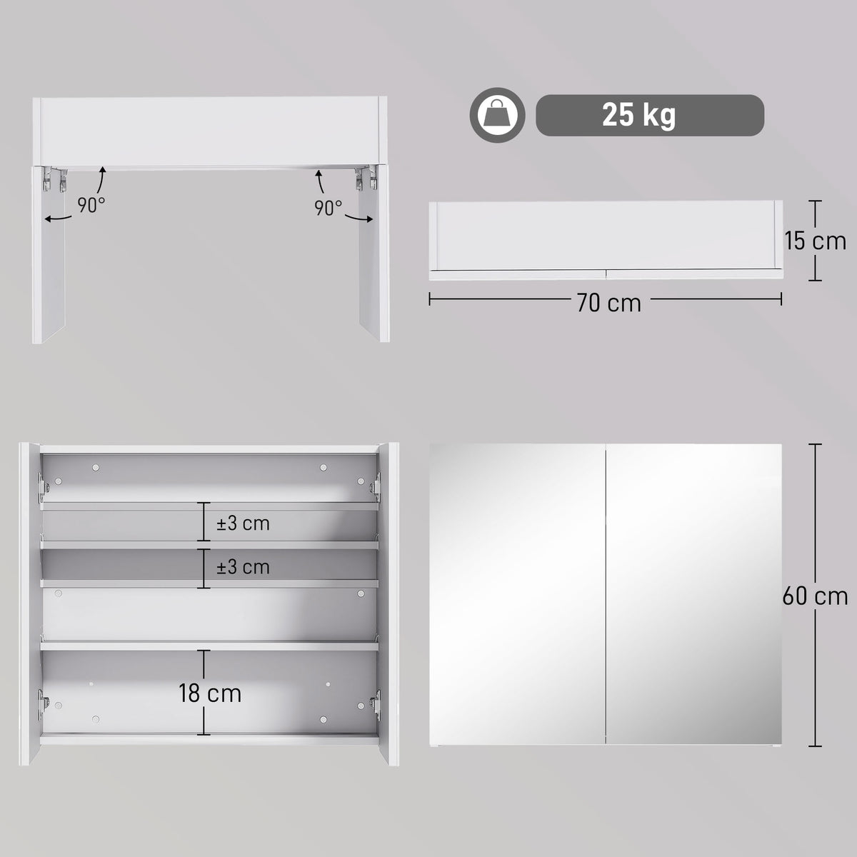 Armoire murale salle de bain avec miroir 70 x 60 cm avec étagère réglable, miroir salle de bain avec rangement, blanc