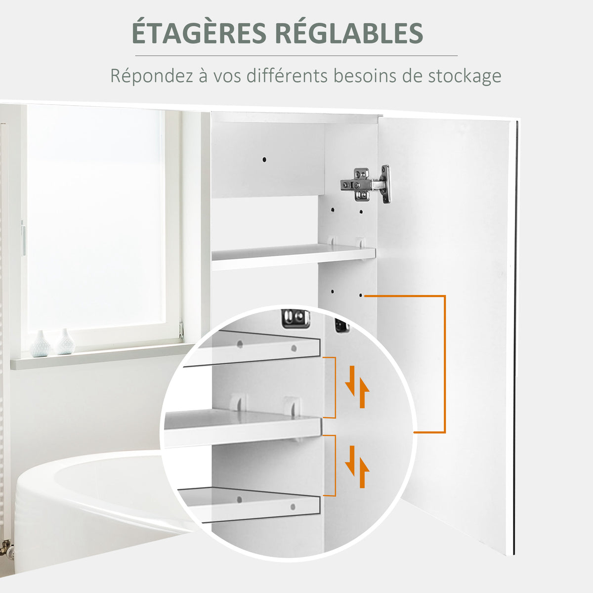 Armoire murale salle de bain avec miroir, 80 x 15 x 60 cm, meuble salle de bain, armoire de toilette avec double portes et étagères réglables, blanc