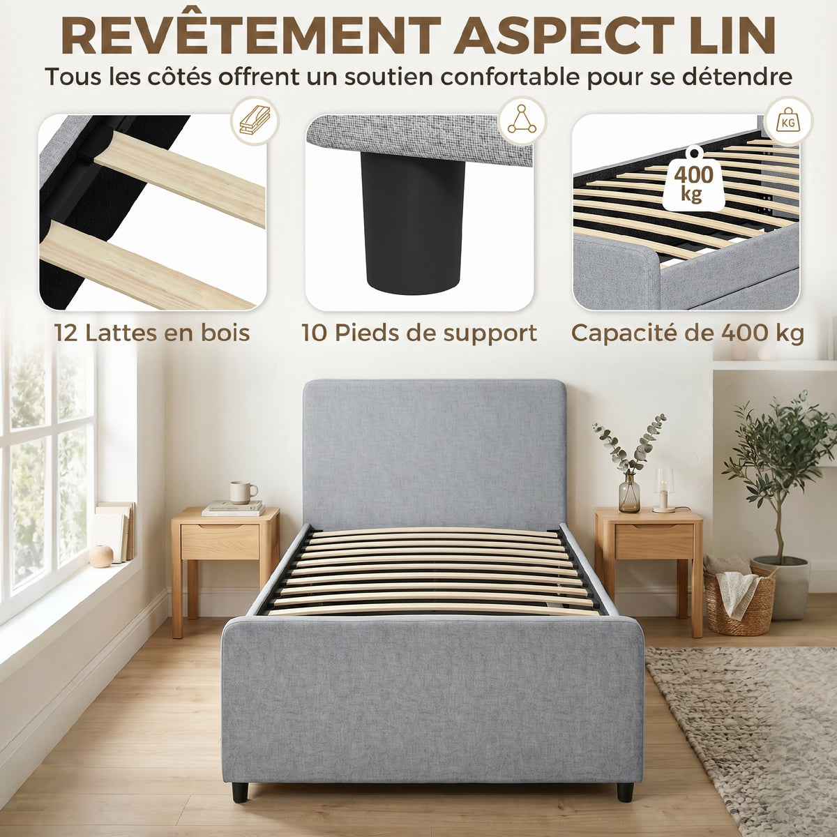 Lit gigogne 90 x 190 cm, cadre de lit simple/double avec sommier à lattes en bois, tête et pied rembourrés, gris clair