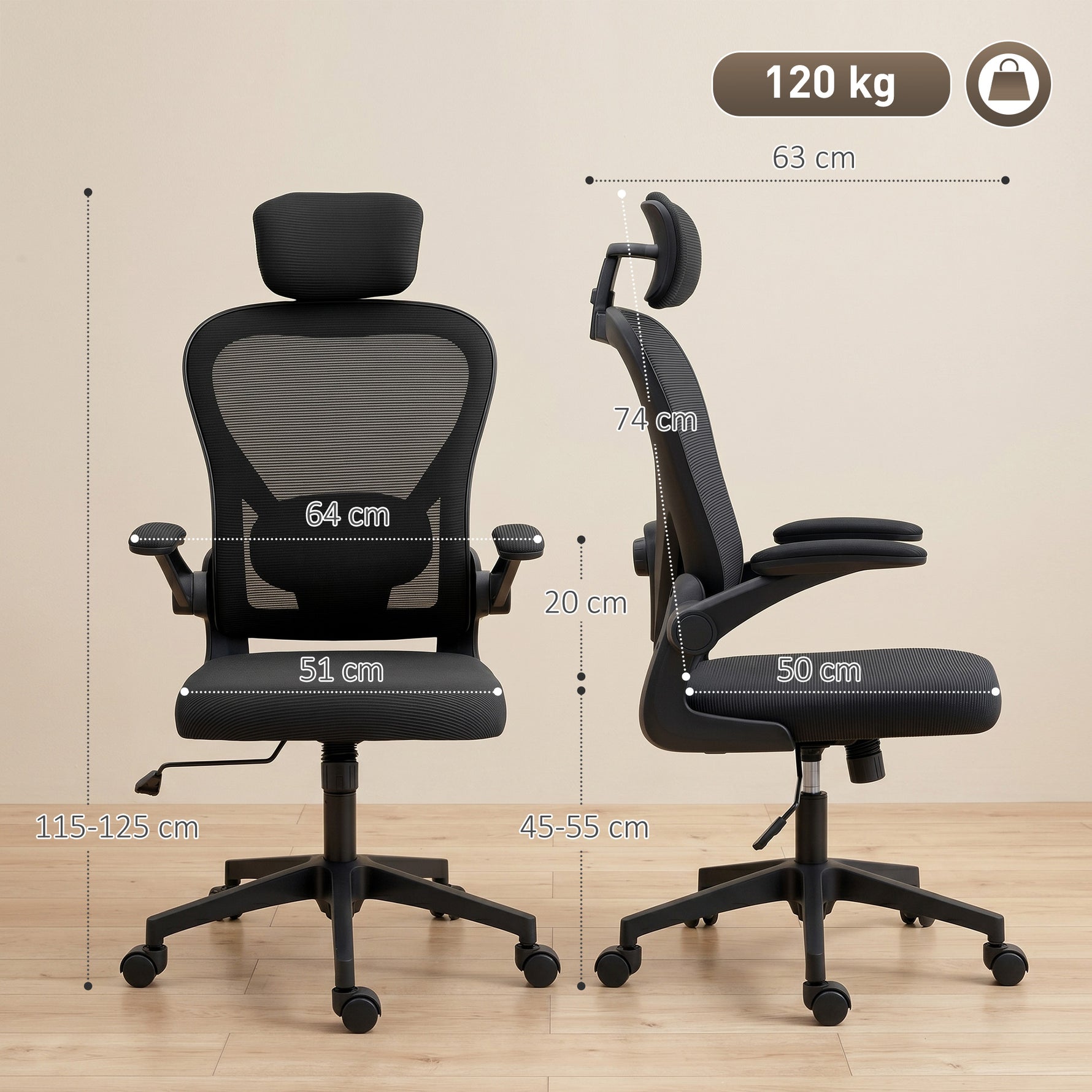 Chaise de Bureau Ergonomique, Fauteuil de Bureau en Maille avec Appui-Tête et Soutien Lombaire Réglables, Noir