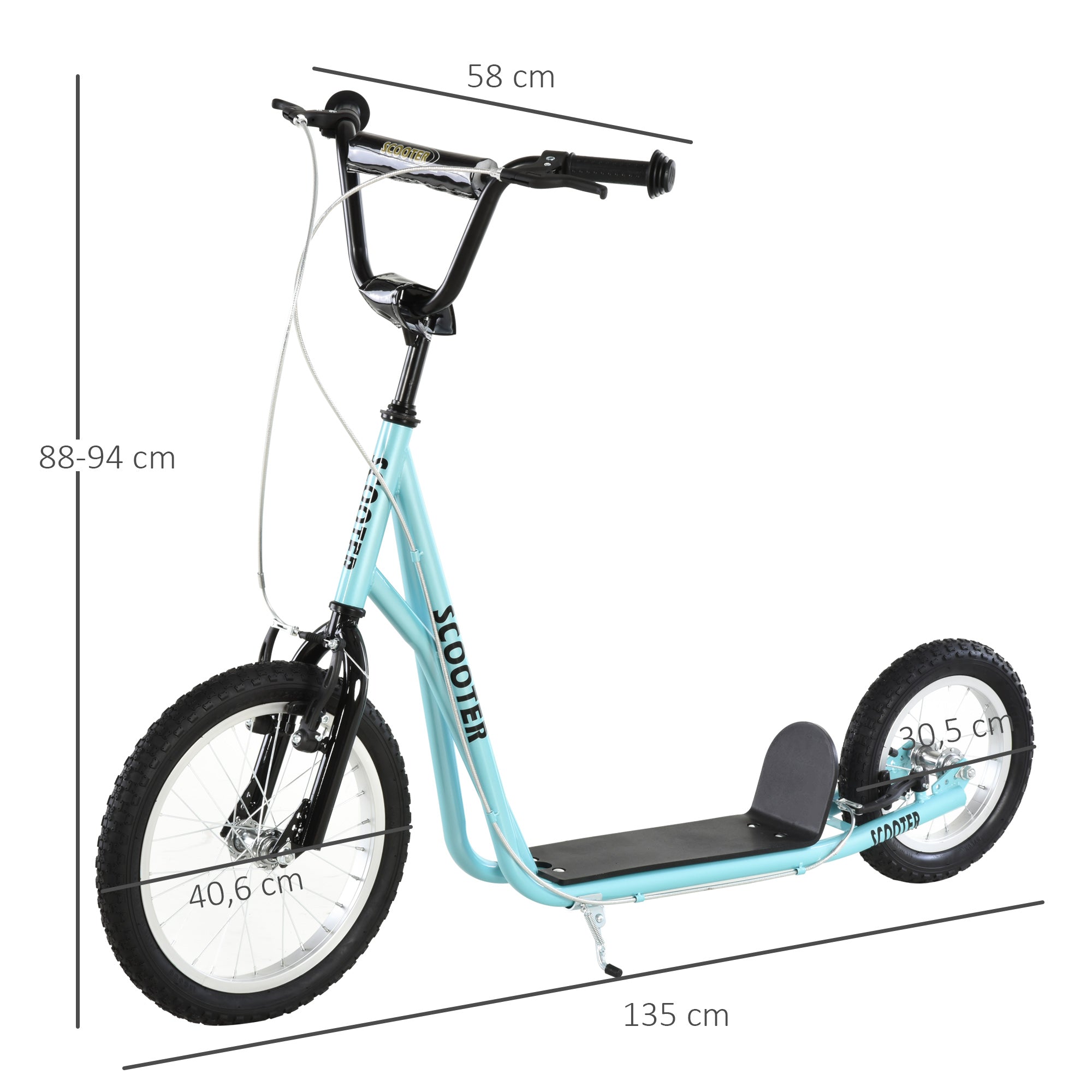 Large-wheel kick scooter, pneumatic tires Ø 40 and 30 cm, adjustable handlebar height, front/rear brake, kickstand, steel, sky blue, black