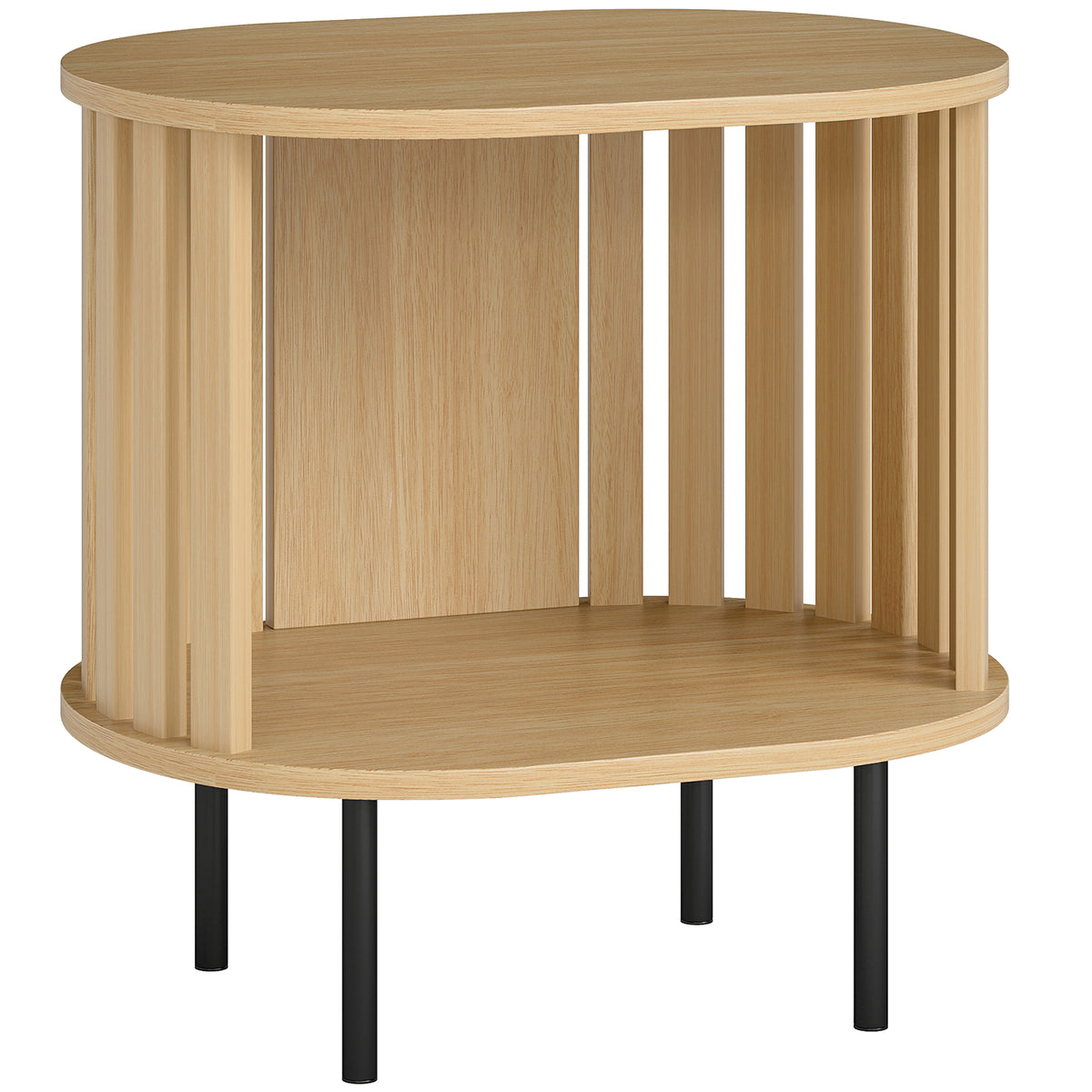 Table d'appoint ovale bout de canapé rangement ouvert pieds en acier design à lattes 50x39x50cm effet bois naturel