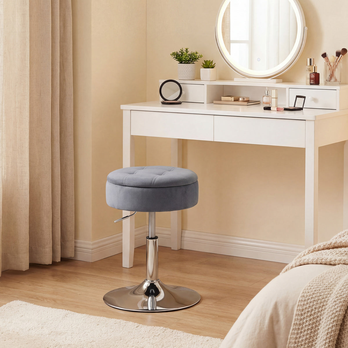Sgabello da toeletta in velluto, sgabello da trucco girevole con vano portaoggetti, altezza regolabile da 49-65 cm, grigio
