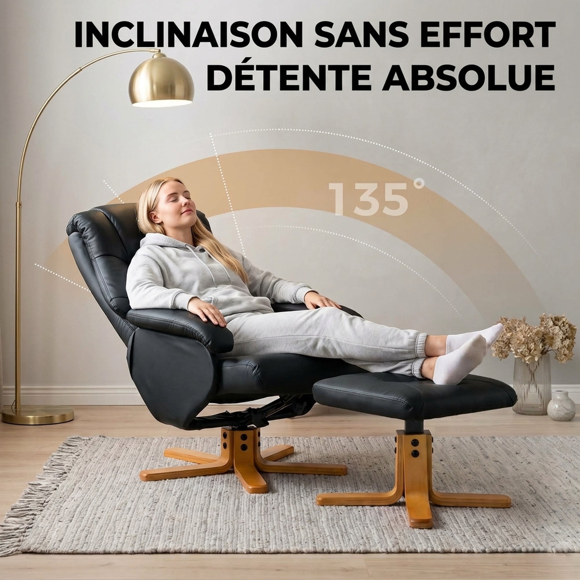 Relaxfauteuil met voetensteun, kantelbare relaxfauteuil van PU-leder, 360° draaibaar, schommelfunctie, zwart