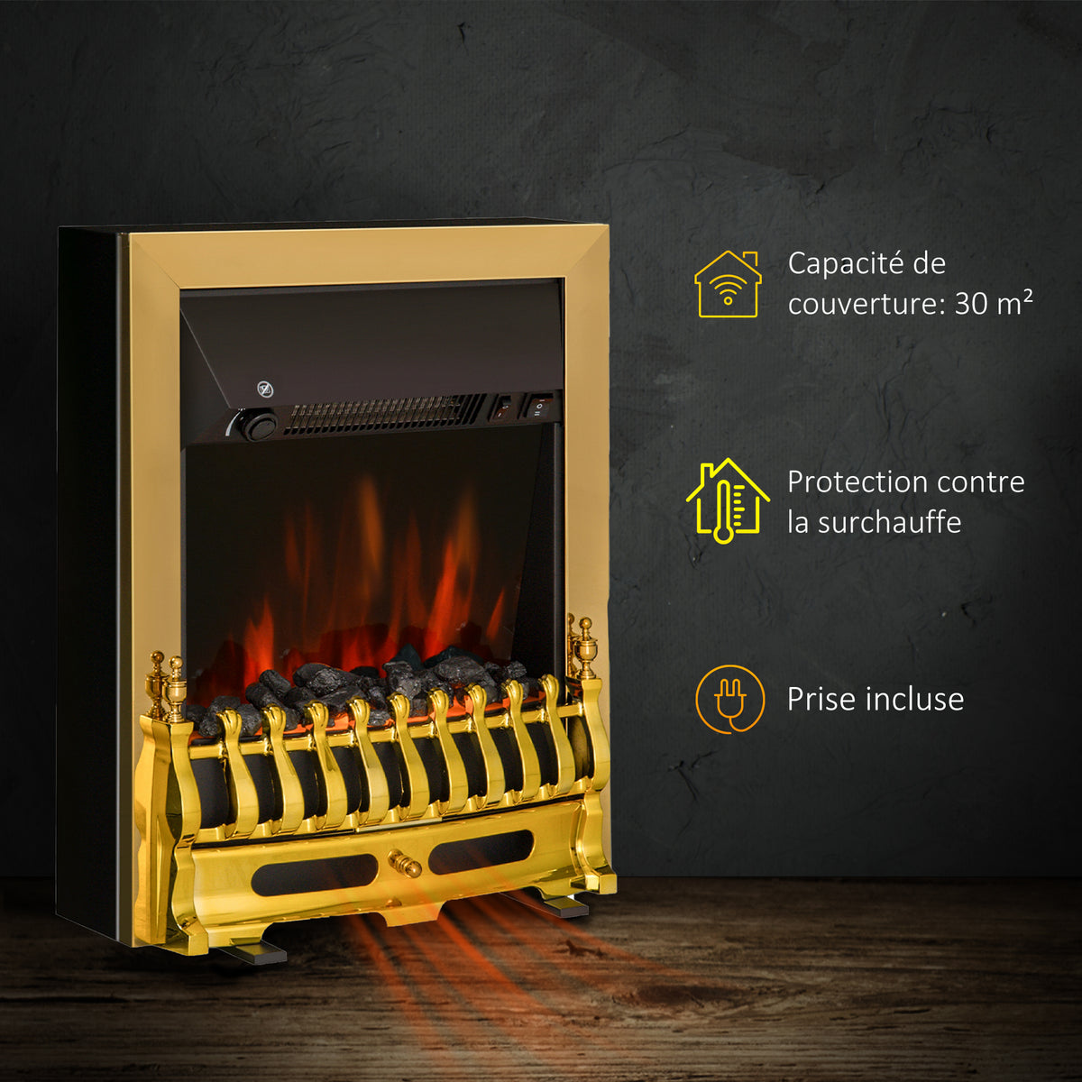 Cheminée électrique Effet de Flamme Style néo rétro Thermostat 1000-2000 W Noir Or