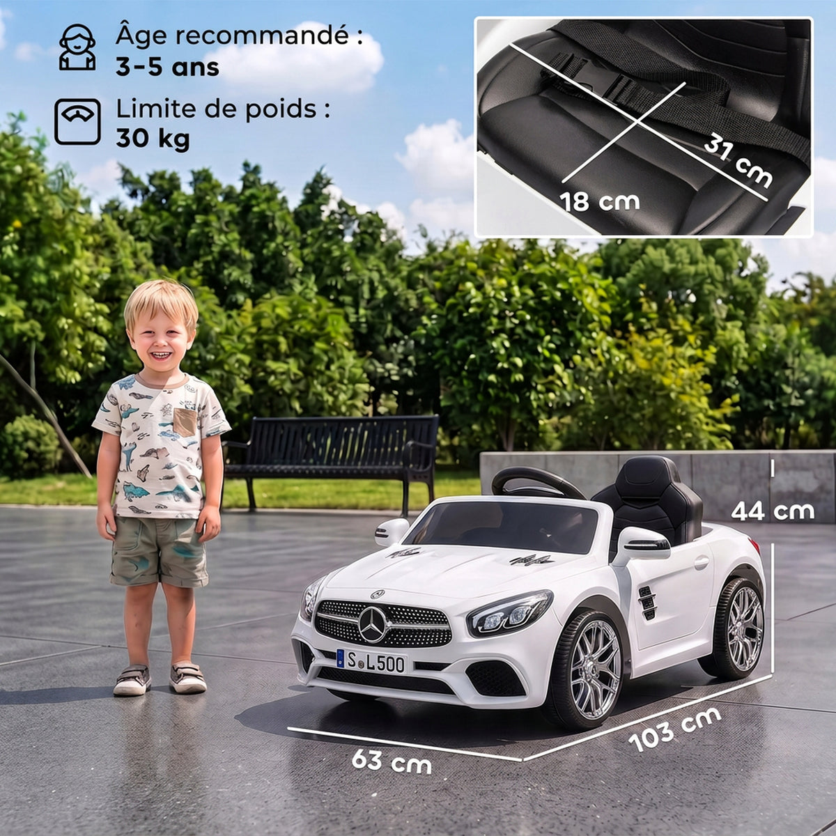 Voiture Électrique Enfants 12V Mercedes-Benz SL500, 3-5 km/h, 2 Moteurs, Télécommande 2,4G, pour 3-5 Ans, Blanc