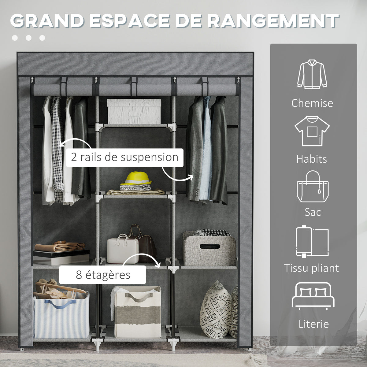 Armoire penderie multi-rangement - 8 étagères, 2 barres - non tissé gris