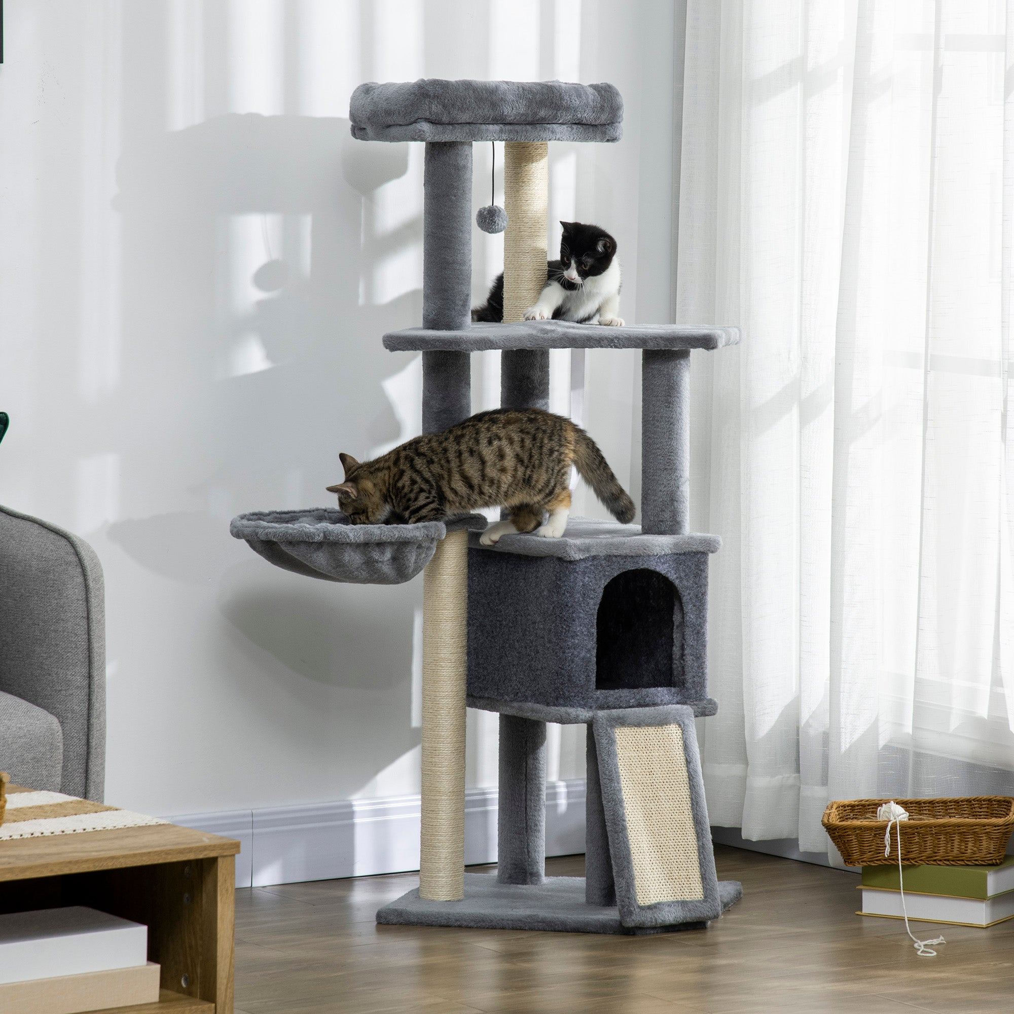 Arbre à chat centre d'activités multi-équipé griffoirs grattoir jeu boule suspendue niche plateformes gris