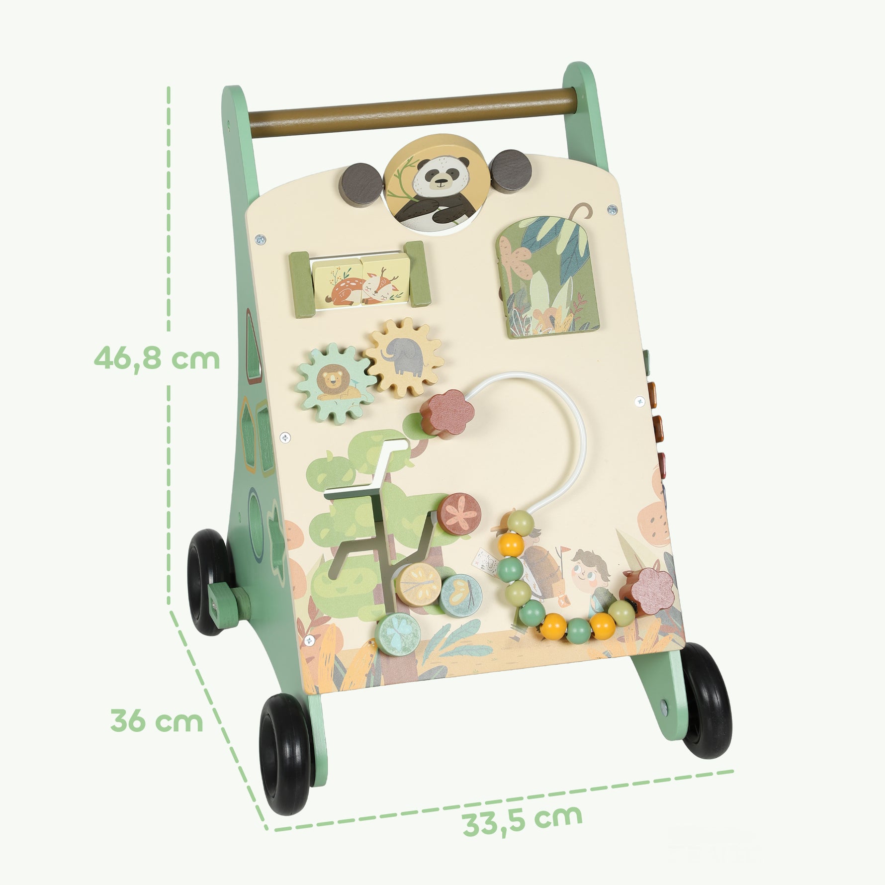 Trotteur en bois pour bébé 18+ mois, chariot de marche, contrôle de vitesse, centre d'activités, 33,5x36x46,8cm, vert