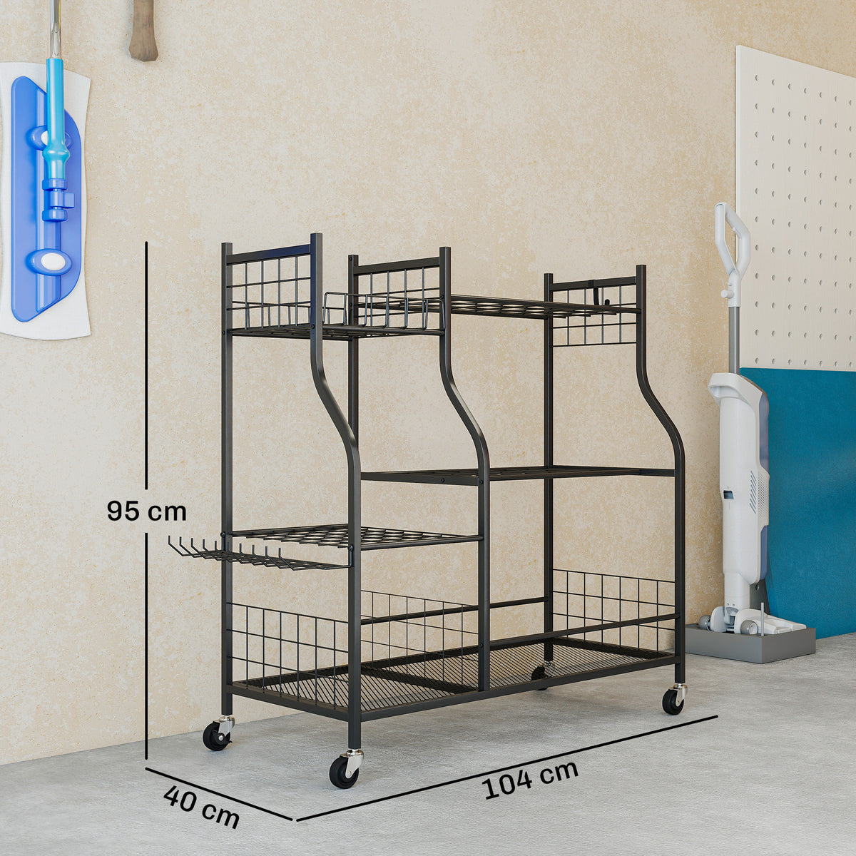 Organisateur d'Outils de Jardin en Acier à 3 Niveaux, 32 Emplacements, 4 Roues, 11 Crochets, 104x40x95cm, Noir