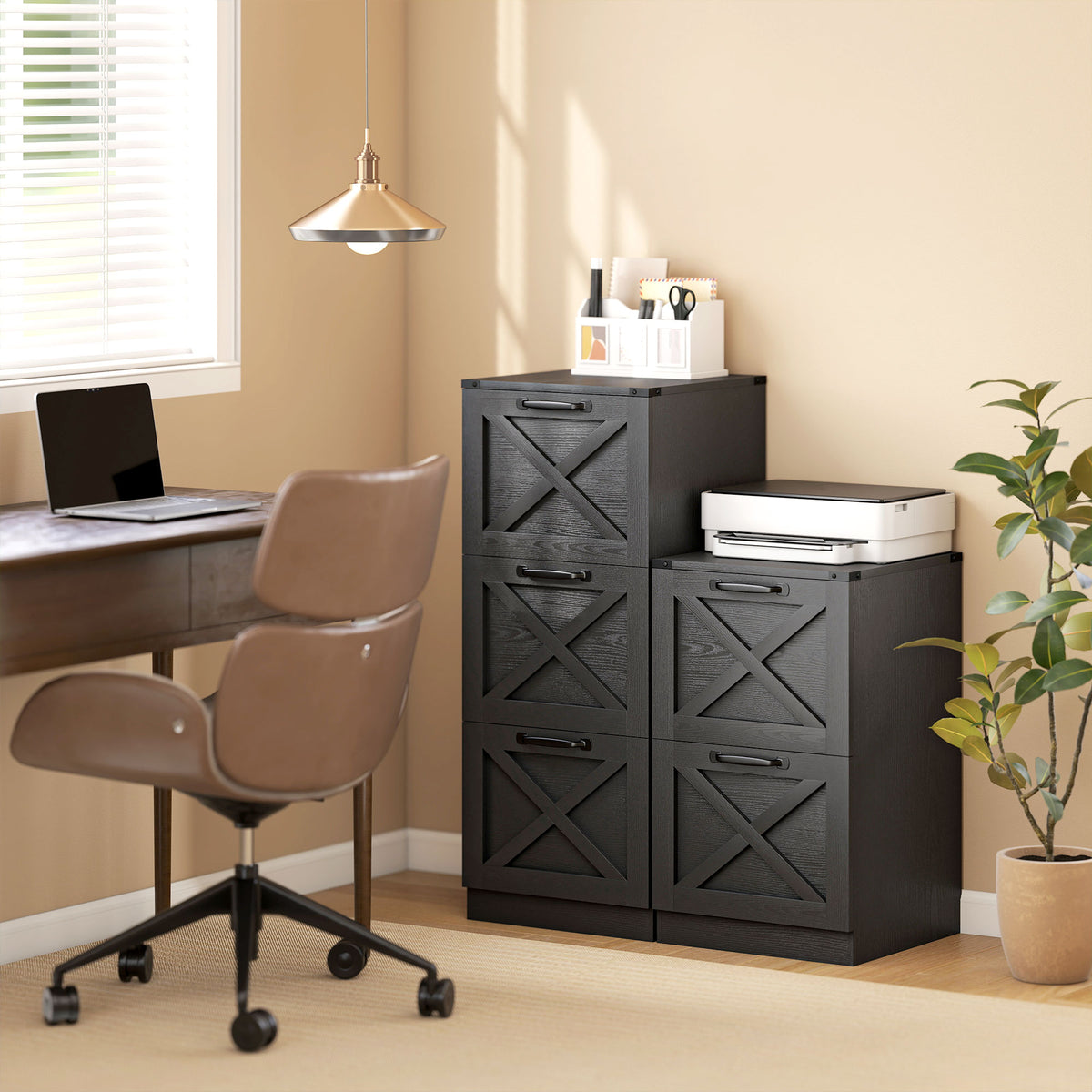 Cajonera de Oficina con 2 Cajones, Archivos Colgantes para Formatos Carta/A4, Estilo Rústico, 40x40x71cm, Negro