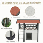 Cabane Chat Extérieur avec Terrasse, Escalier, Toit, Niche Villa, 77 x 50 x 73 cm Blanc et Rouge