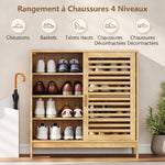 Meuble à chaussures en bambou 16 paires, armoire à chaussures, 2 portes coulissantes, étagères réglables, bois naturel