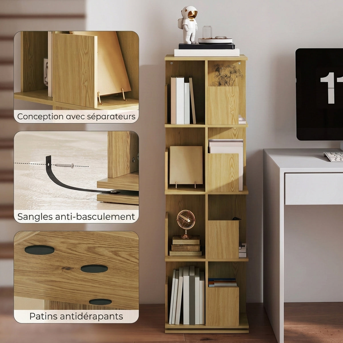 Bibliothèque Rotative à 4 Niveaux, Étagère Rangement avec 16 Compartiments, 39 x 39 x 128,3 cm, Chêne