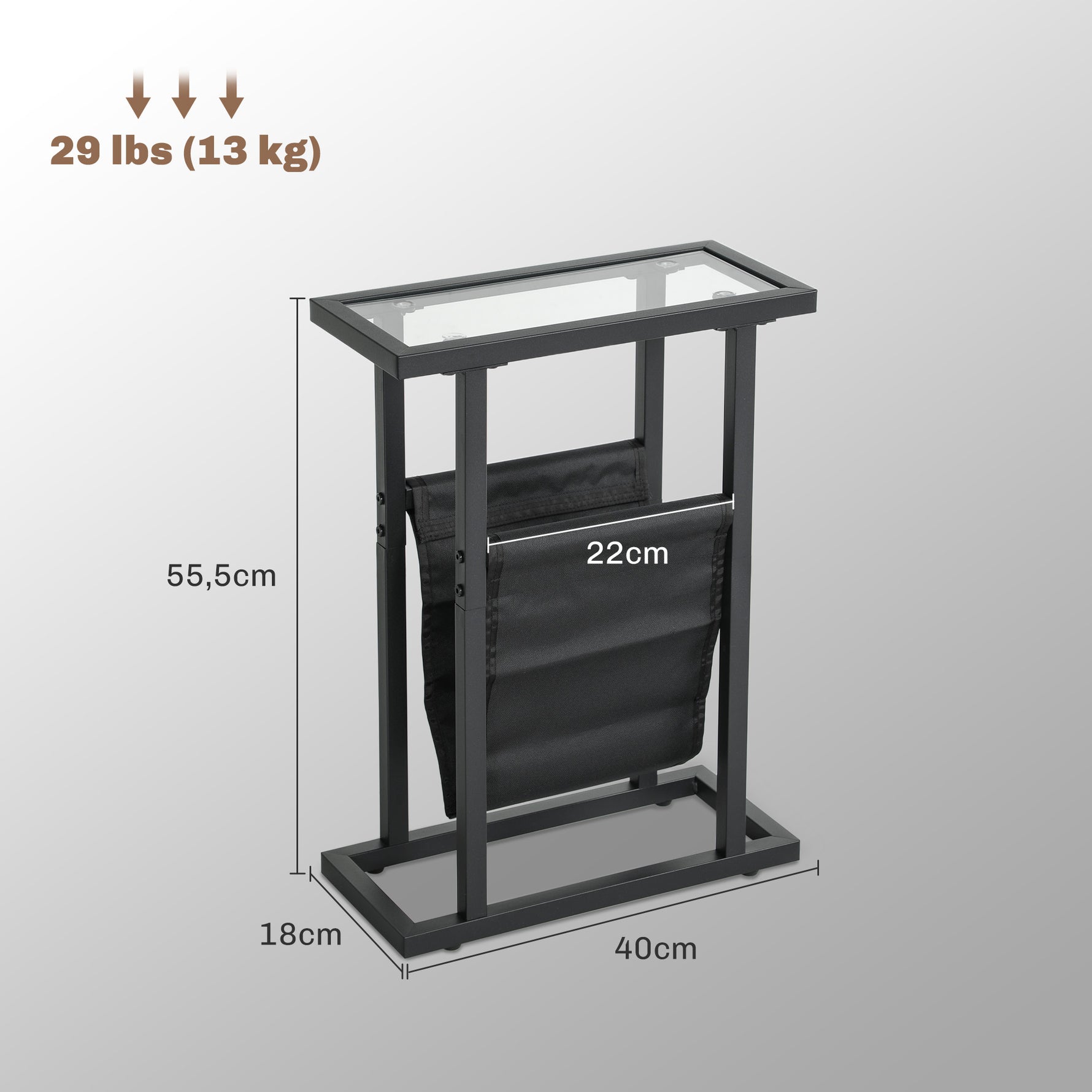 Table d'appoint étroite, bout de canapé en métal avec porte-revues et plateau en verre trempé, 40 x 18 x 55,5 cm, noir