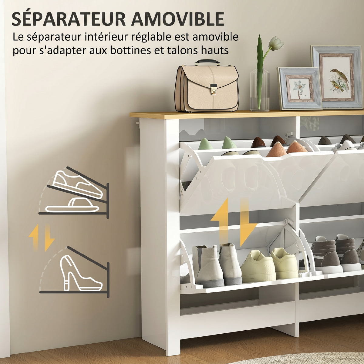 Meuble à chaussures 16 paires, armoire à chaussures étroite avec 4 tiroirs rabattables et étagères réglables