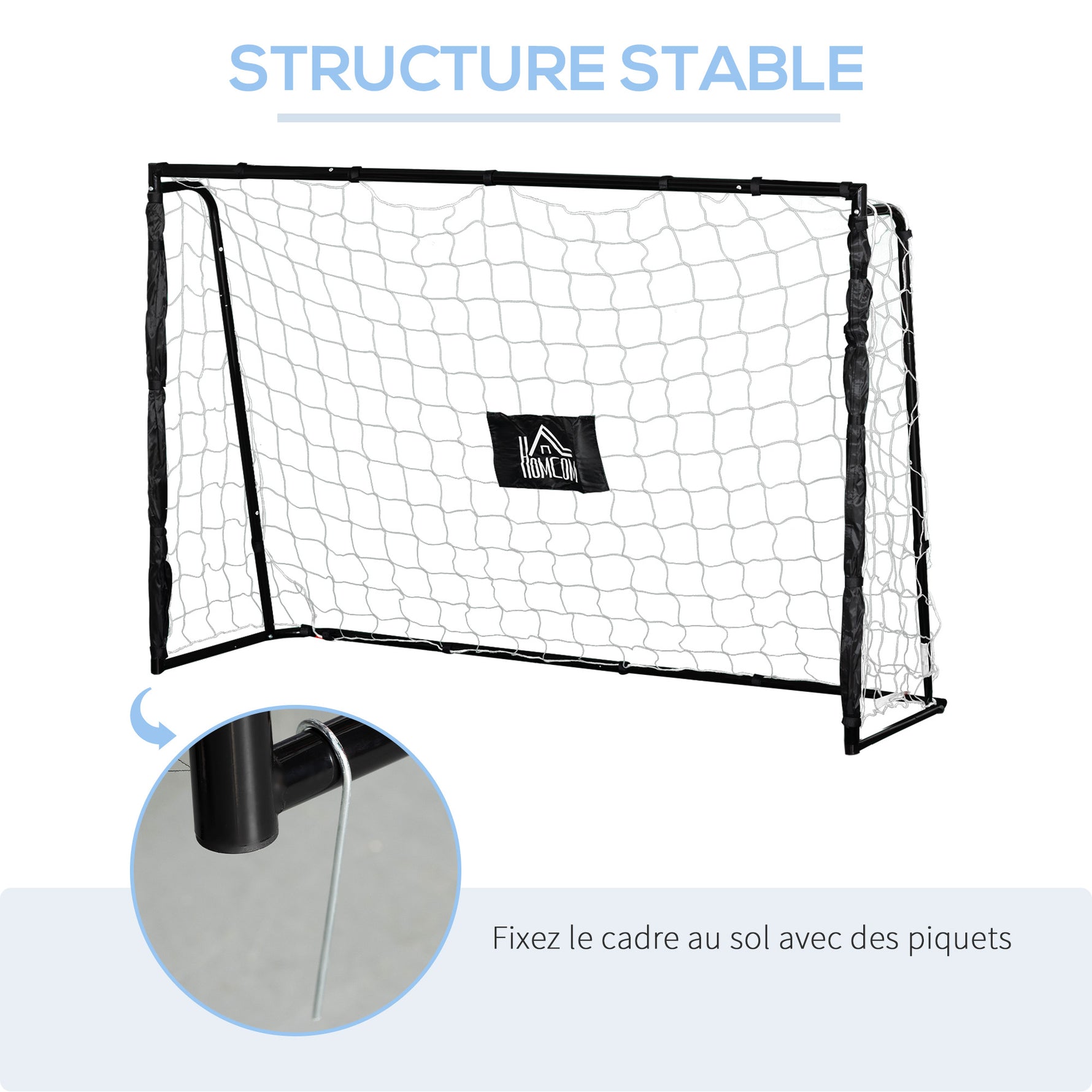 But de football cage de foot châssis métal filet PE piquets & outil inclus dim. 186L x 62l x 123H cm noir blanc