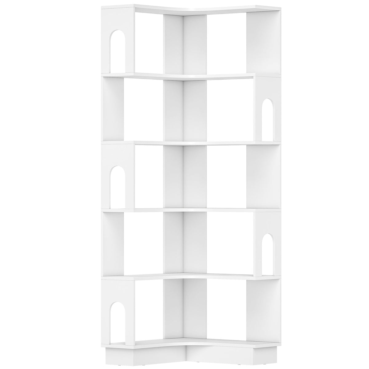 Bibliothèque d'angle, étagère de rangement à 6 niveaux avec panneaux latéraux arqués, 60 x 60 x 165,5 cm, blanc