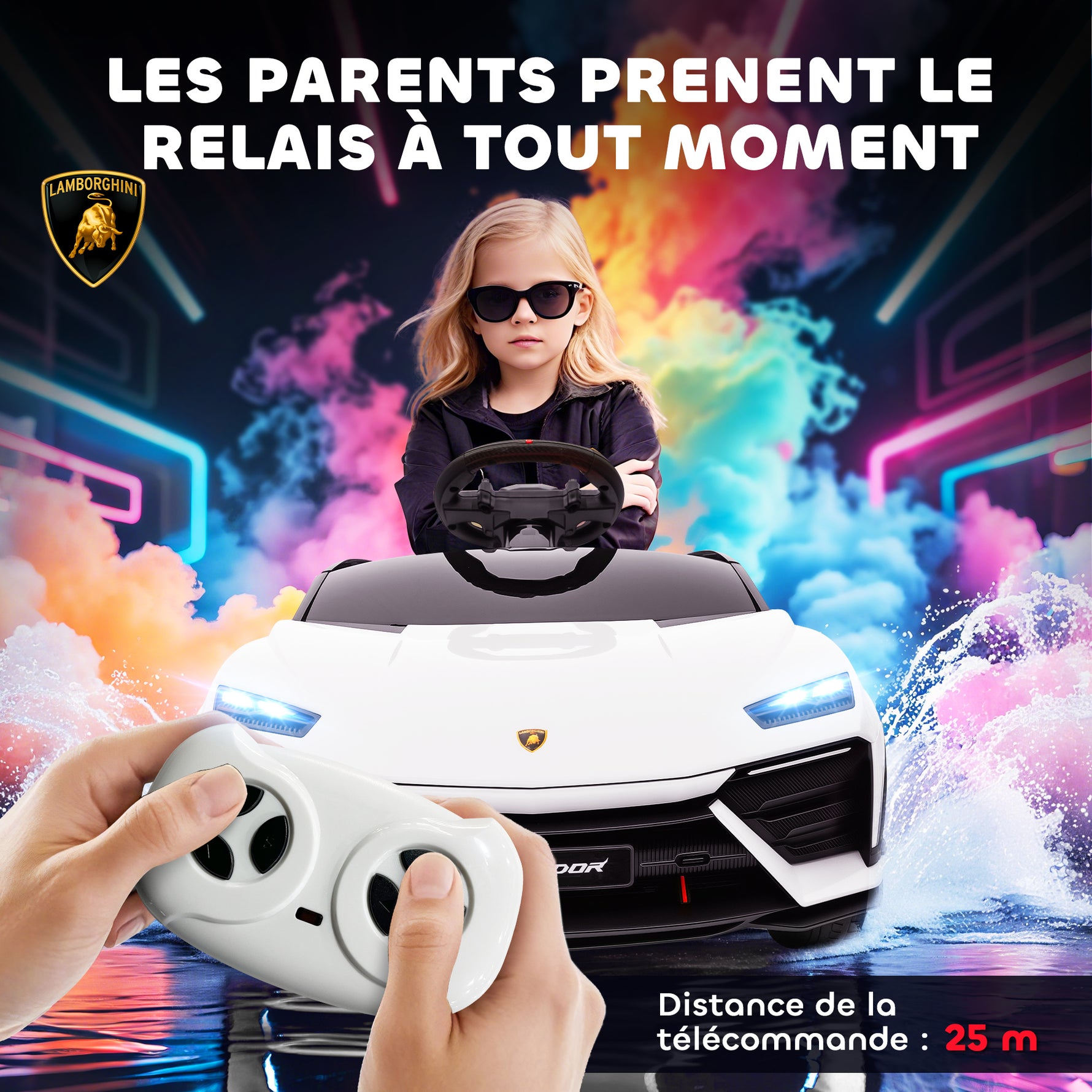 Voiture électrique enfant véhicule électrique Lamborghini 12V télécommande 2,4G et 2 moteurs vitesse max. 4 km/h blanc