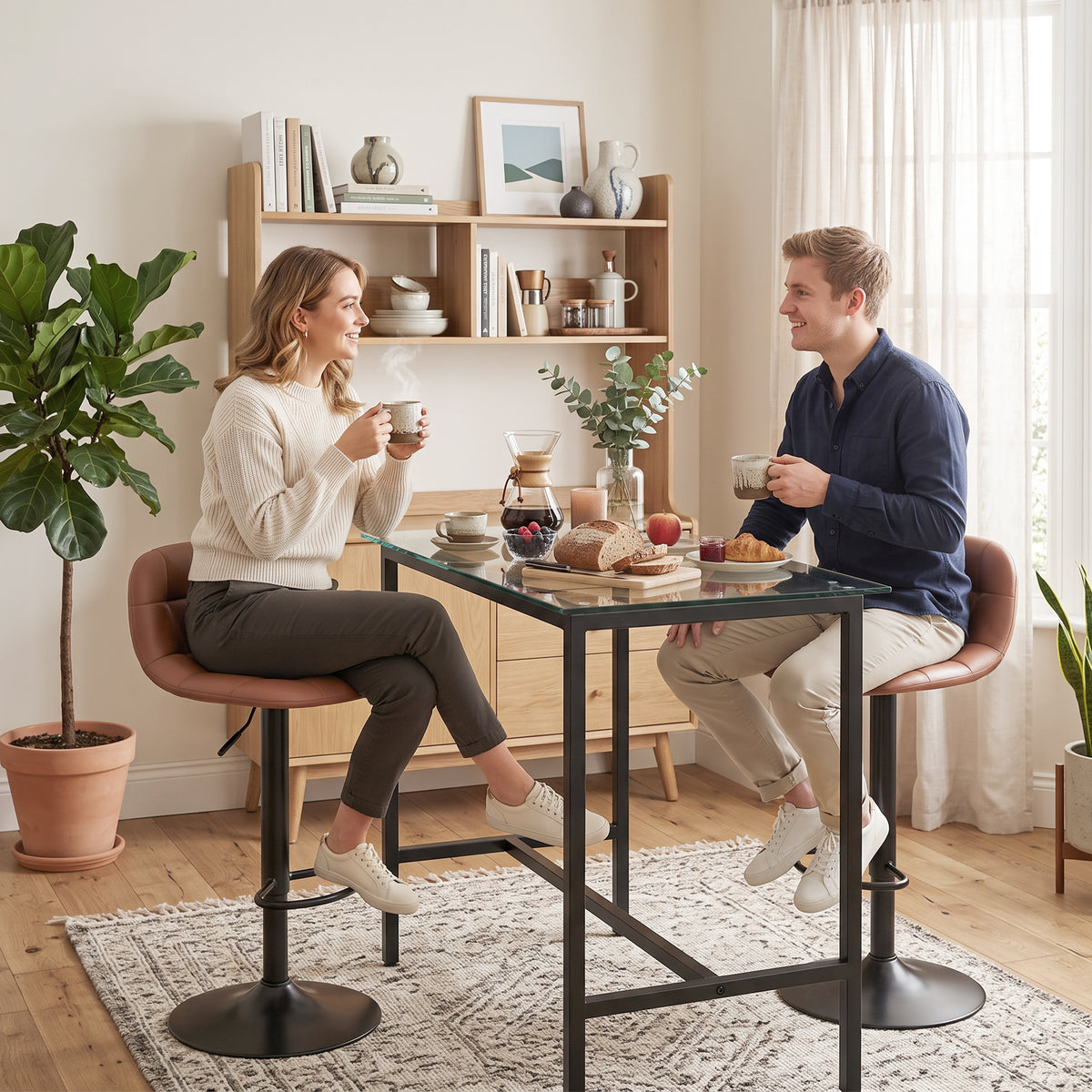 Lot de 2 Tabourets de Bar en Cuir PU, Rétro-Industriel, Hauteur Réglable, Pivotant 360°, 40x41,5x76-98cm, Marron Foncé