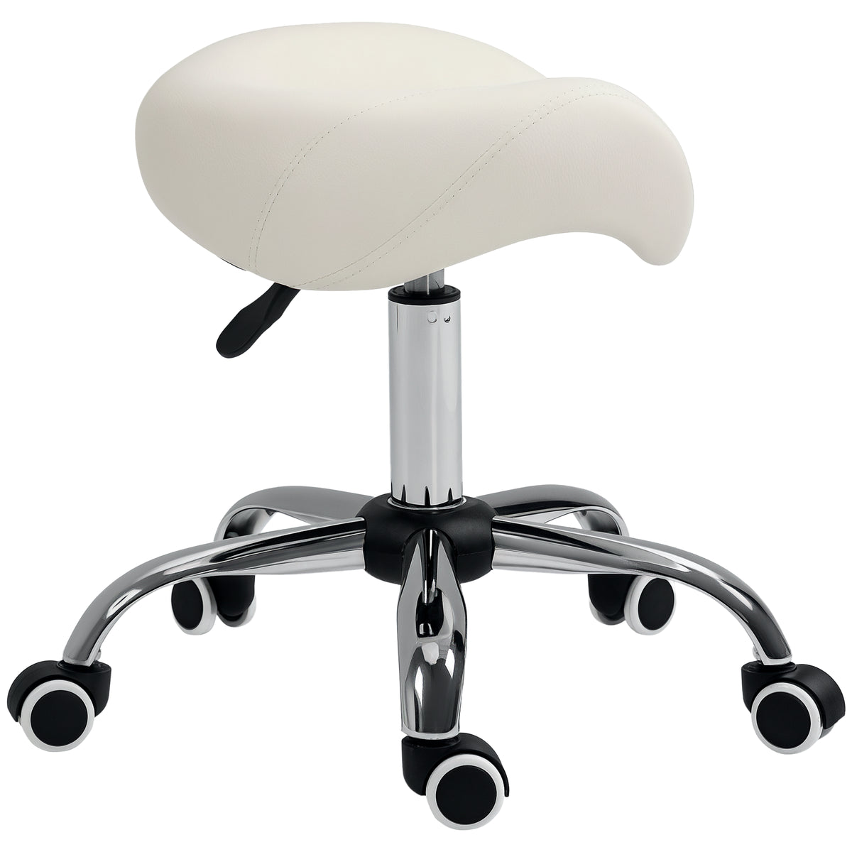 Tabouret à roulettes, tabouret de massage avec hauteur réglable 49-61 cm et selle ergonomique, chaise de travail à roulettes pivotant 360°, pour salon de massage tatouage clinique spa, blanc