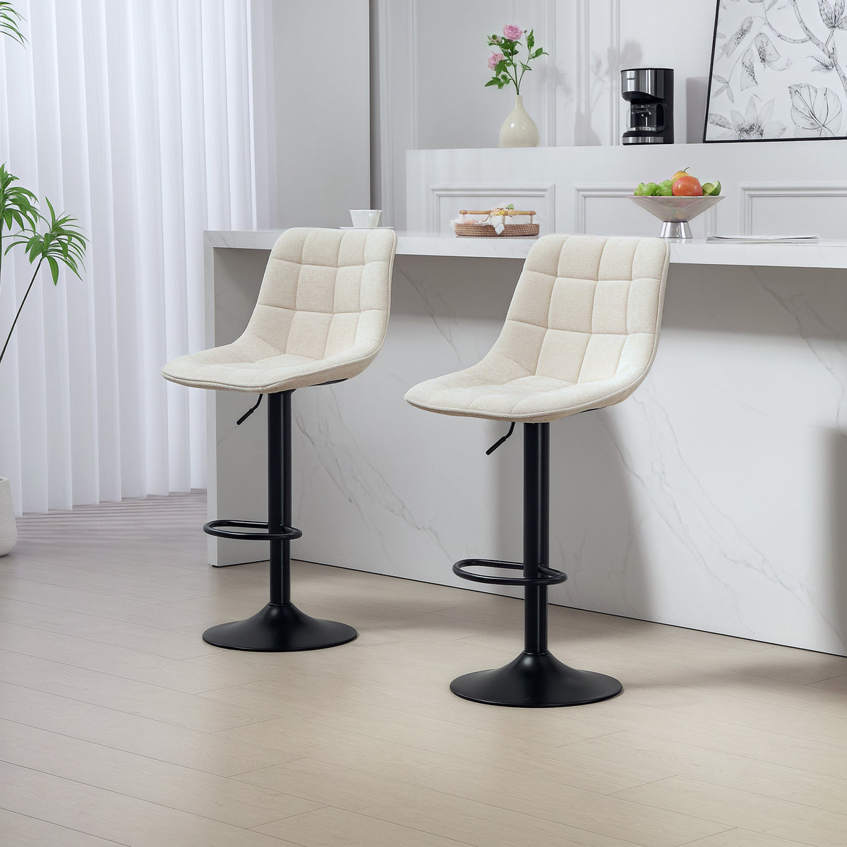 2er-Set Barhocker, höhenverstellbare Chenille-Barstühle mit 360° drehbarer Rückenlehne, 47x48x117,5 cm, Beige