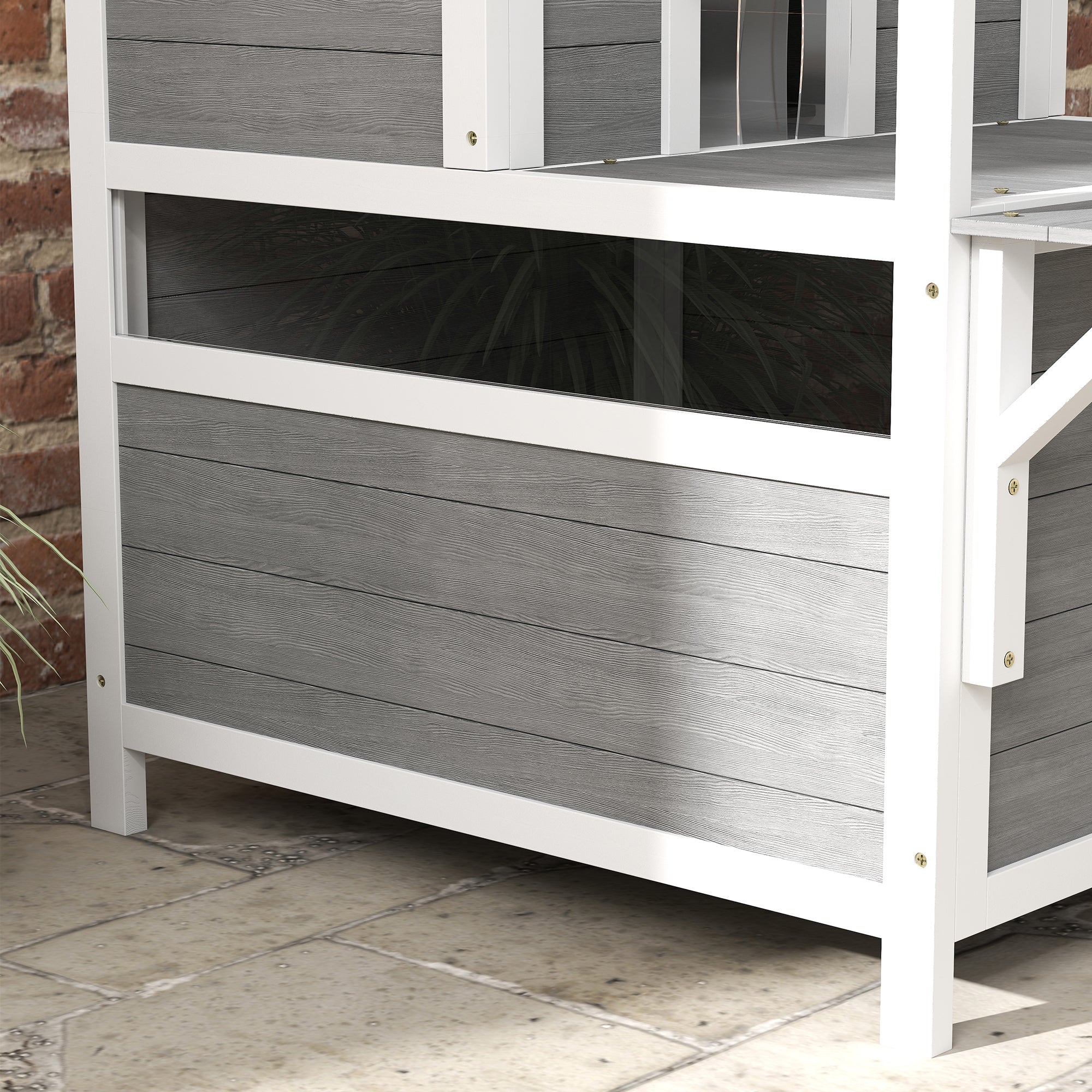 2-tier cat house with sheltered balcony, opening roof, outdoor, indoor, light gray