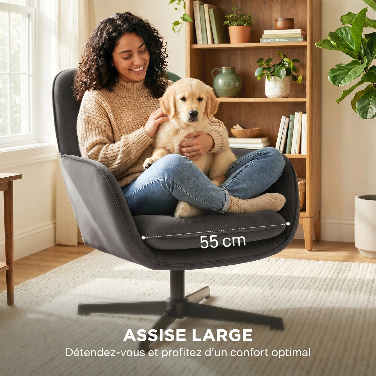 Fauteuil salon, fauteuil d'appoint rembourré en velours avec large assise, coussin et structure en métal, gris foncé