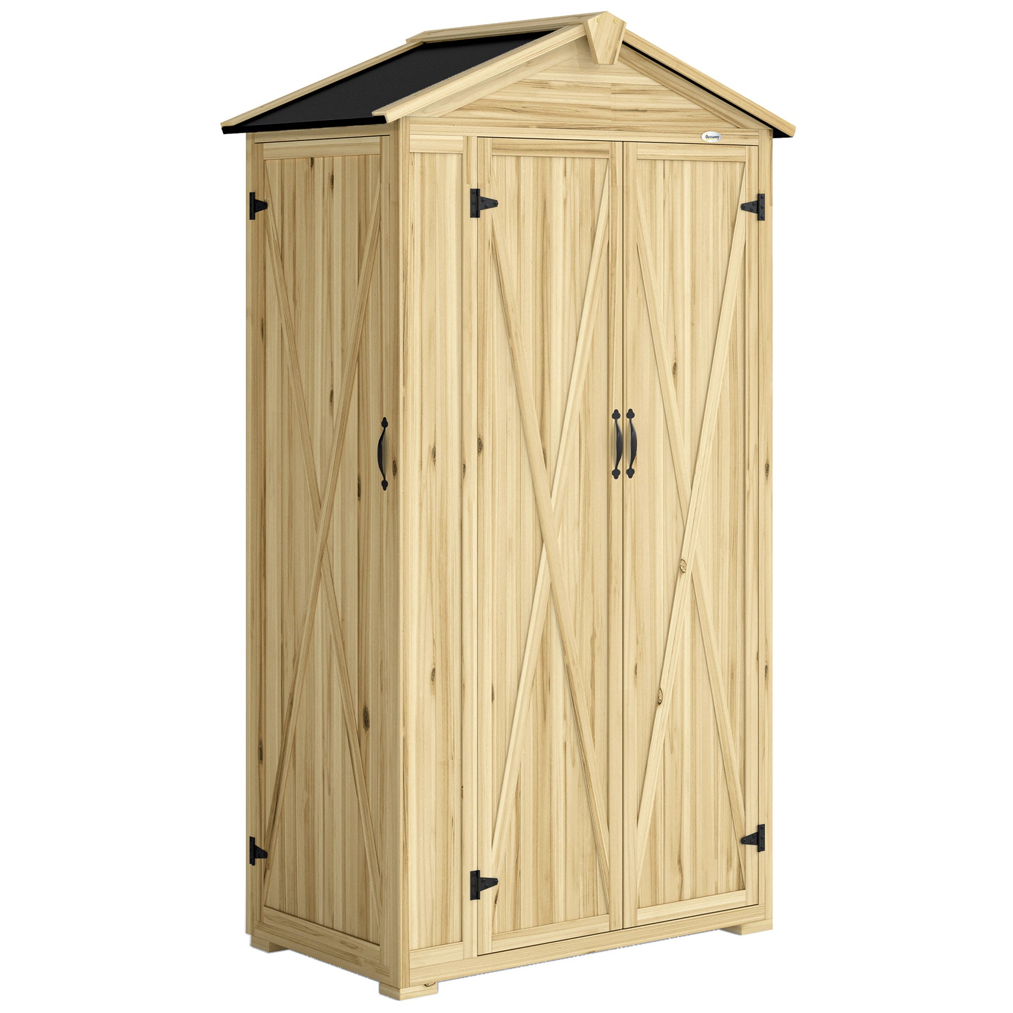3-Door Wooden Outdoor Garden Cabinet, 4 Shelves, Gable Roof, Compartment, 93x53x168cm, Natural