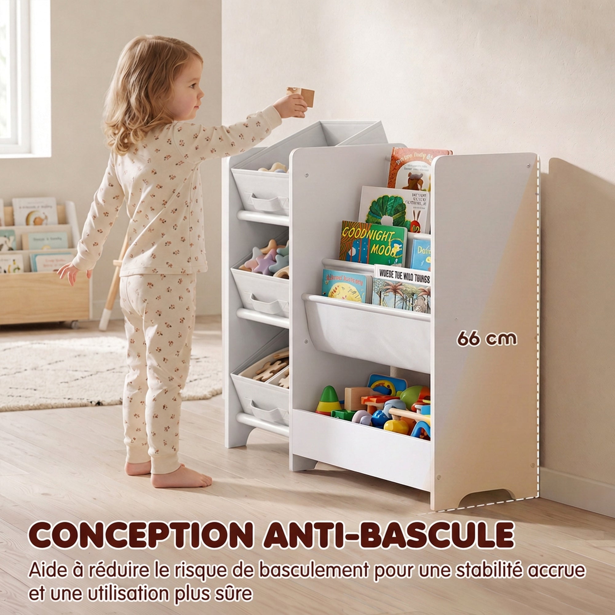 Meuble Rangement Enfant à 3 Niveaux avec 4 Porte-livres, 3 Bacs en Tissu et Compartiment, 64,5 x 30 x 66 cm, Blanc