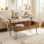 Table Basse Relevable en Bois avec Grand Rangement Caché, Hauteur Réglable, 95 x 50 x 40 cm, Marron Rustique