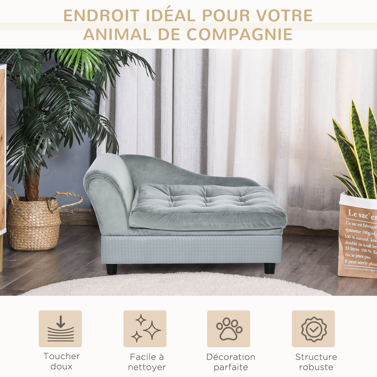 Canapé Chien Chat sur Pied avec Coffre de Rangement Style Moderne Coussin d'assise Amovible Grand Confort 76 x 45 x 43 cm gris clair