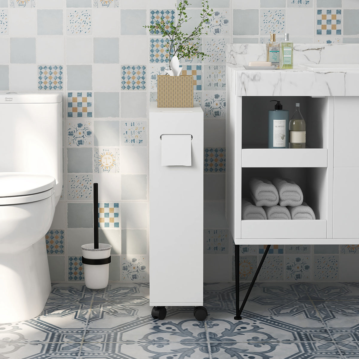 Toilet- en badkamermeubel met toiletrolhouder op wieltjes - 52 x 17 x 67 cm wit