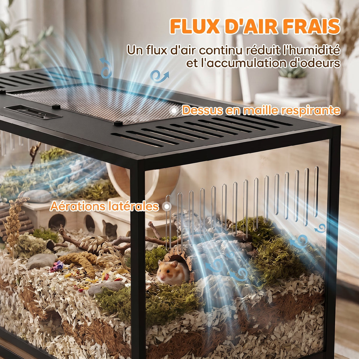 Cage Hamster Habitat Rongeur Vue Panoramique 360° Structure Robuste en Métal Espace Étanche Profond 100x50x52,5 cm Noir