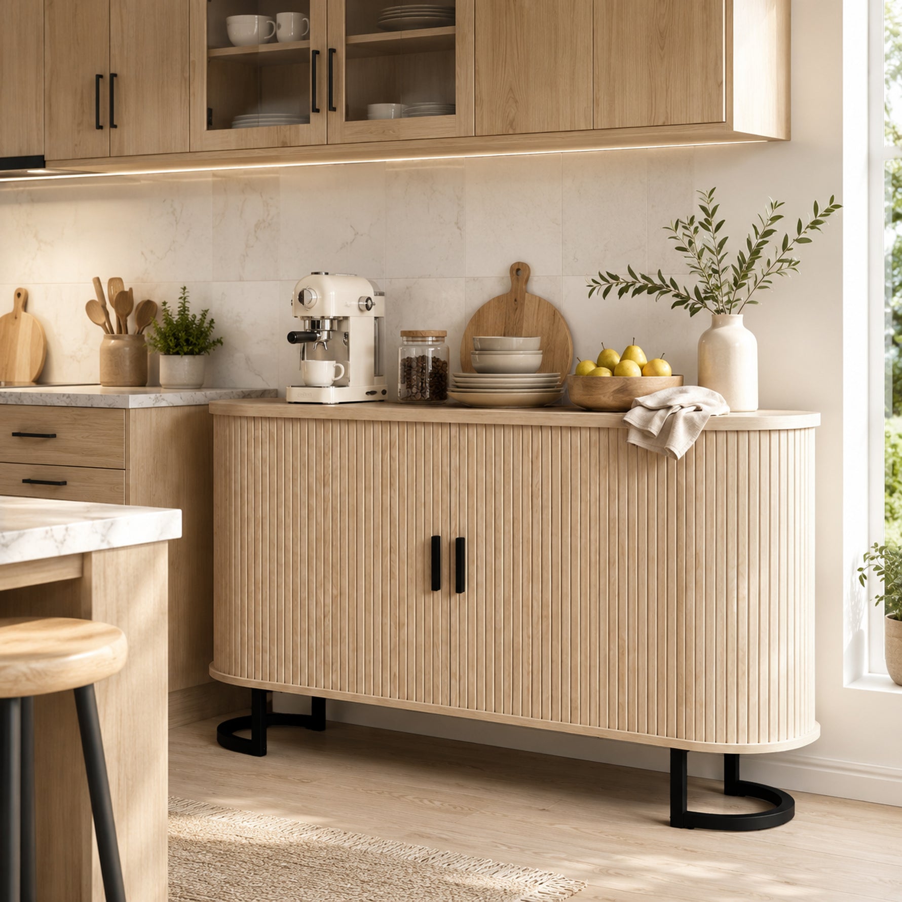 Buffet salon, meuble de rangement ovale avec 2 portes coulissantes et étagères réglables, 140x40x75cm, bois naturel