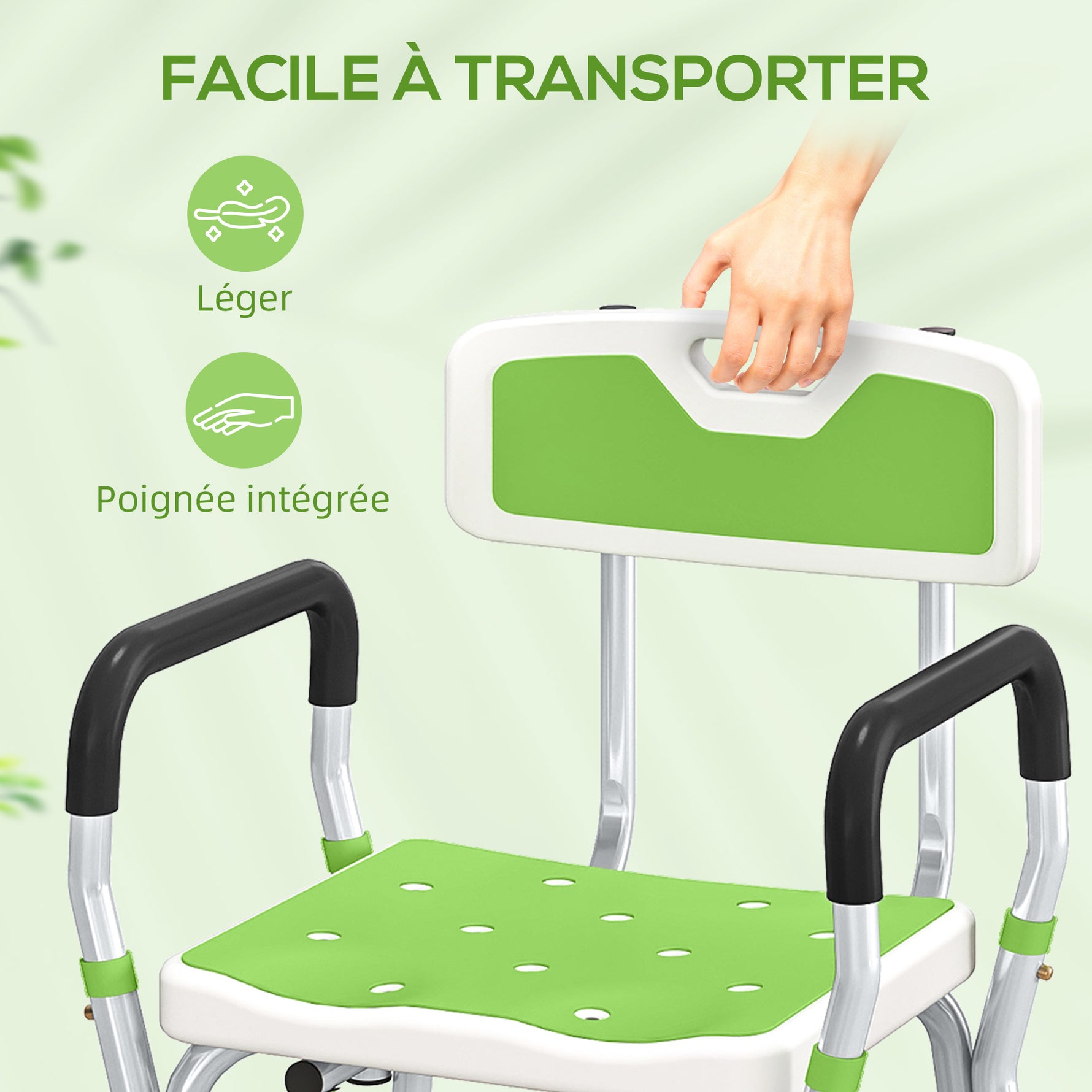 Tabouret de douche chaise de douche ergonomique hauteur réglable pieds antidérapants 56,5 x 53,5 x 87 cm blanc et vert