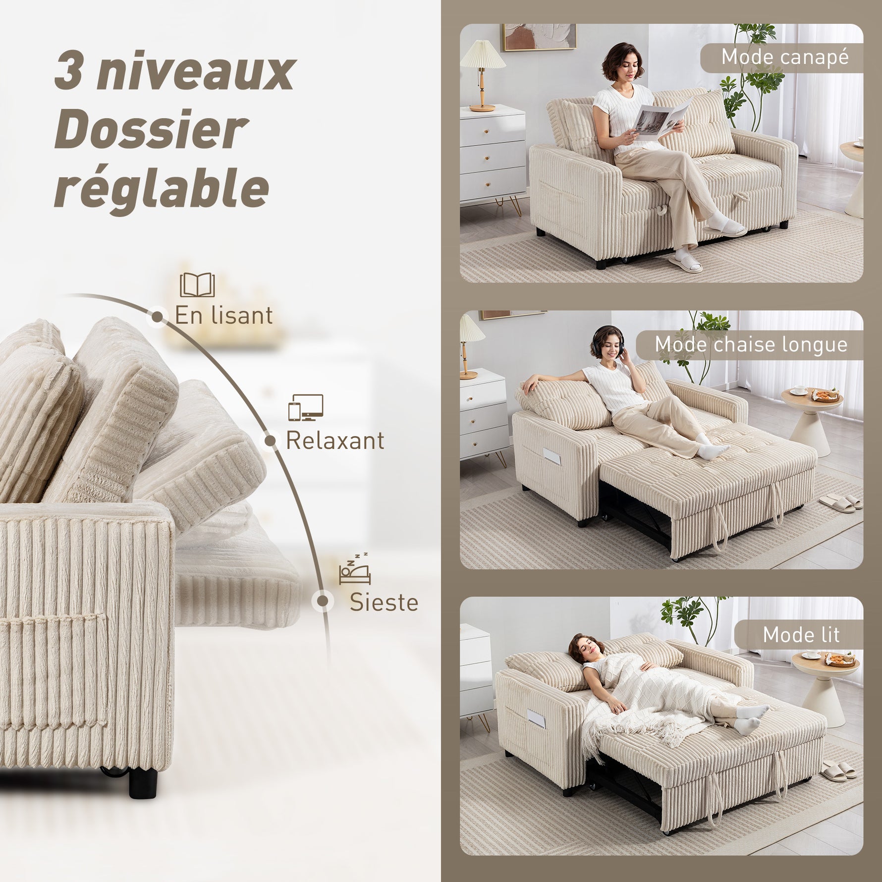 Canapé convertible 2 places canapé-lit en velours côtelé 157x190cm dossier réglable poches latérales et 2 coussins crème