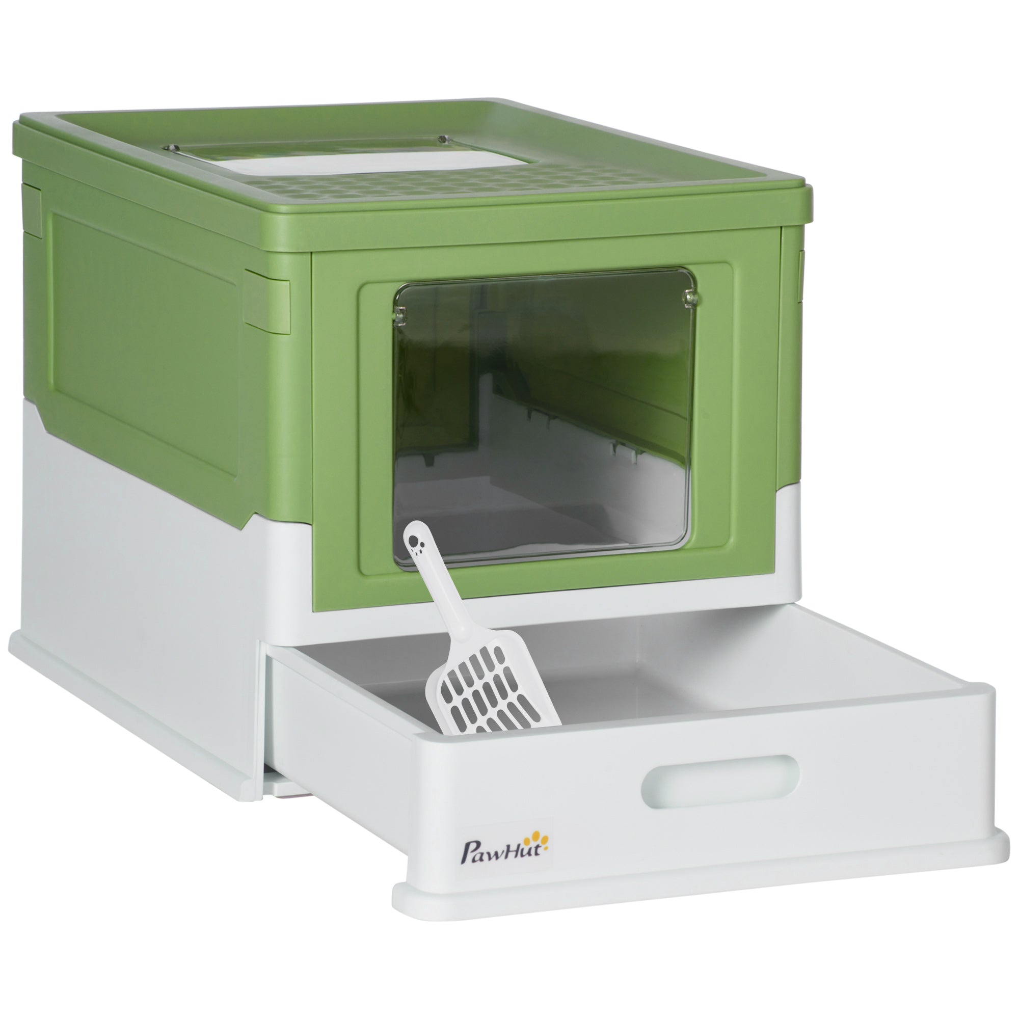 Lettiera per gatti pieghevole con doppia porta a battente e apertura superiore, paletta inclusa, 47,5 x 35,5 x 36,7 cm, verde avocado