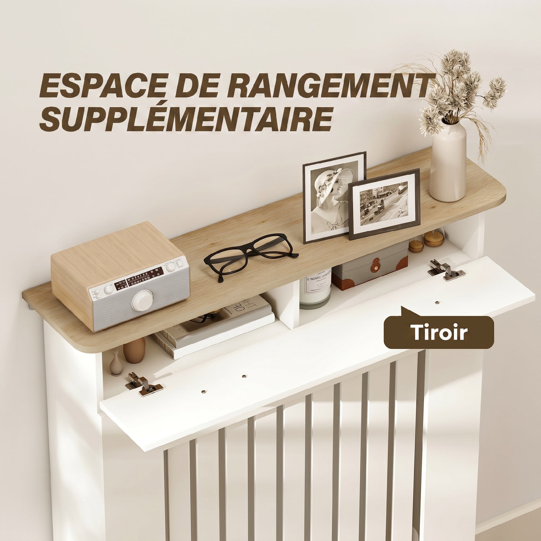 Cache-radiateur avec tiroir de rangement, meuble cache-radiateur en bois à lattes verticales, 78 x 19 x 97 cm, blanc