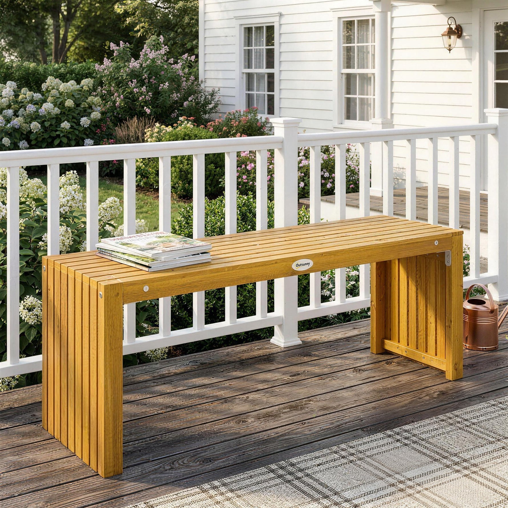 Banc de Jardin en Bois d'Acacia sans Dossier 2 Places, Assise à Lattes Effet Bois, 110x30x45cm, Bois naturel