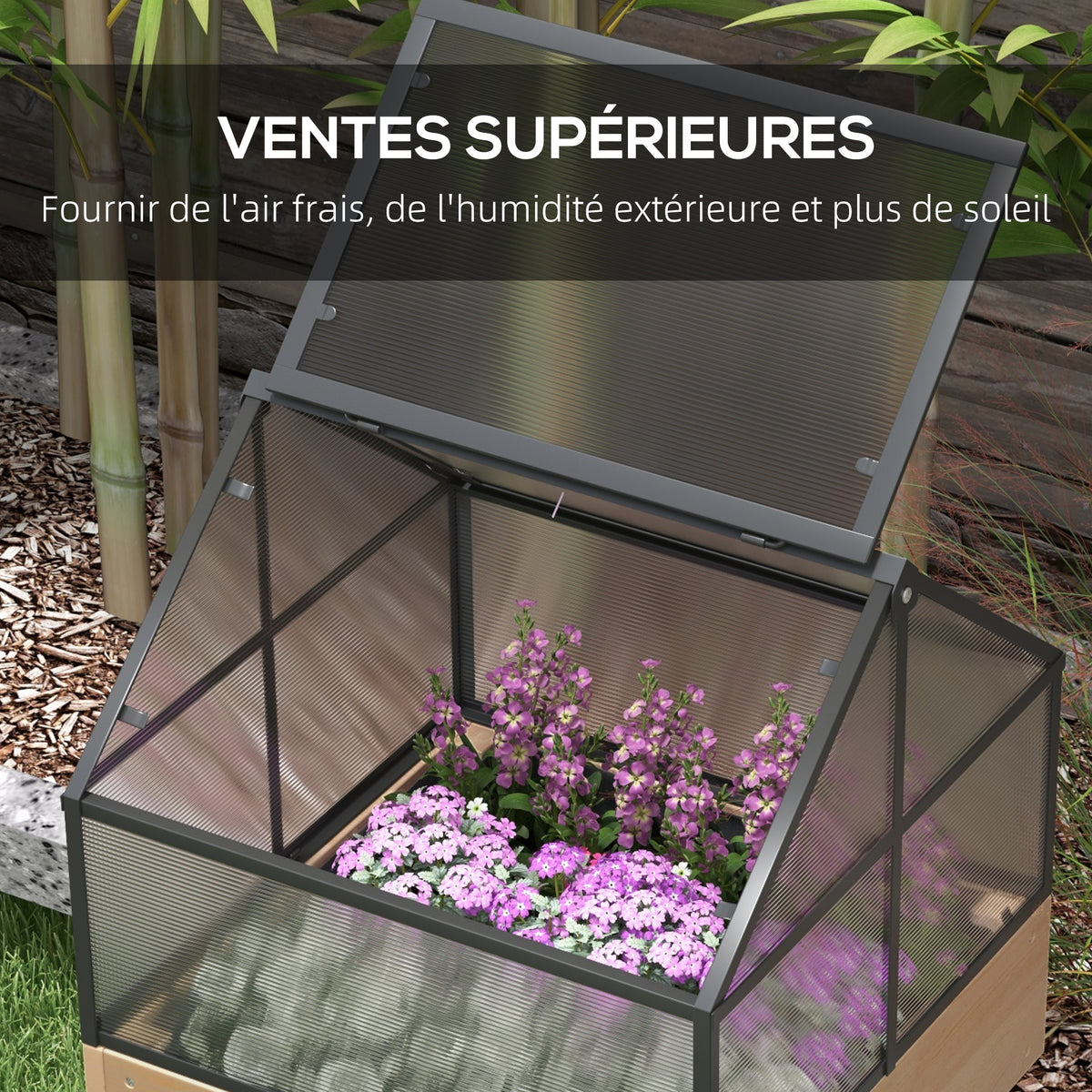 Miniserre op poten afm. 60L x 57b x 103H cm, dubbel openslaand dak, polycarbonaat panelen, staal, behandeld dennenhout